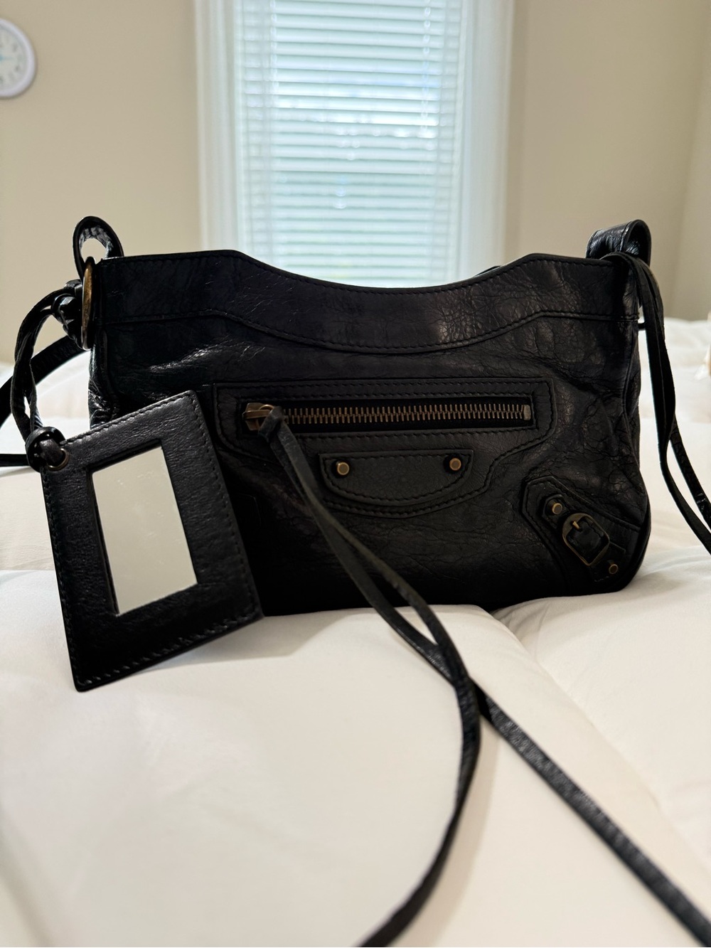 Authentic Balenciaga Le City Moto mini lamb leather Crossbody bag